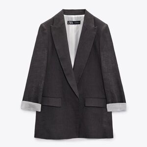 Zara Linen Blend Printed Cuff Blazer